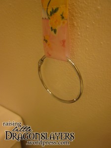 Shower curtain ring for hair elastics.