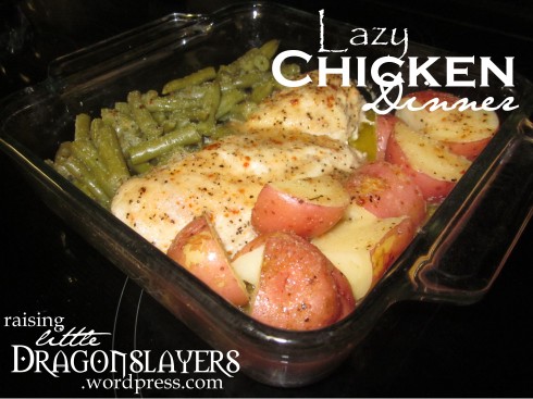 Arrange two chicken breasts, two largish quartered new potatoes, and heaps of green beans in 8x8 baking dish; top with packet of Italian dressing mix and half stick of melted butter; cover with foil and bake 45 minutes at 350.